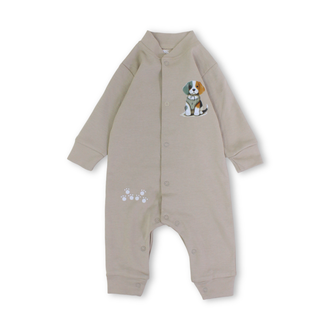Baby Boys Cotton Footless Onesie – Beige with Puppy Print