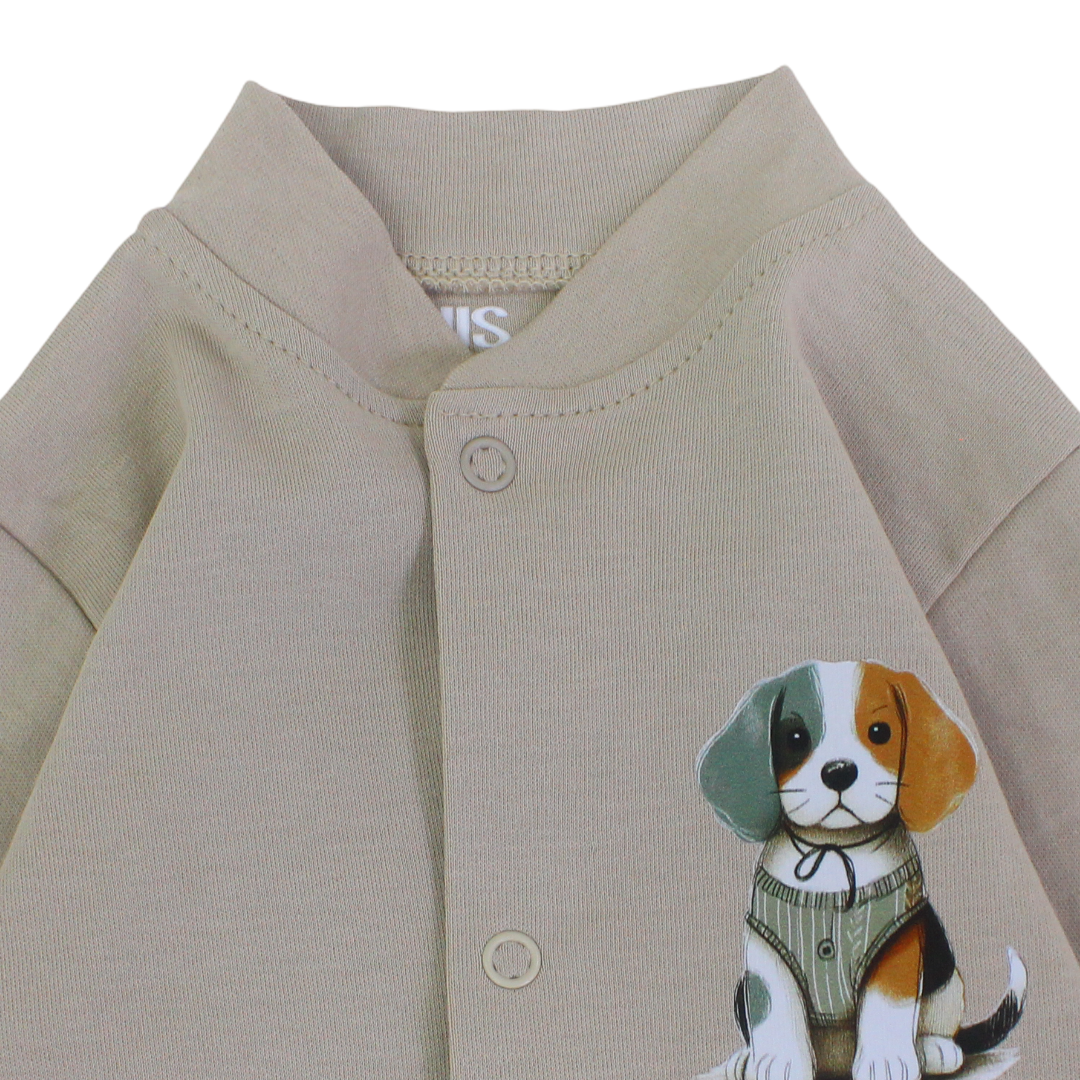 Baby Boys Cotton Footless Onesie – Beige with Puppy Print
