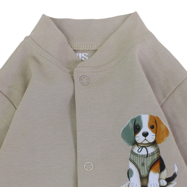 Baby Boys Cotton Footless Onesie – Beige with Puppy Print