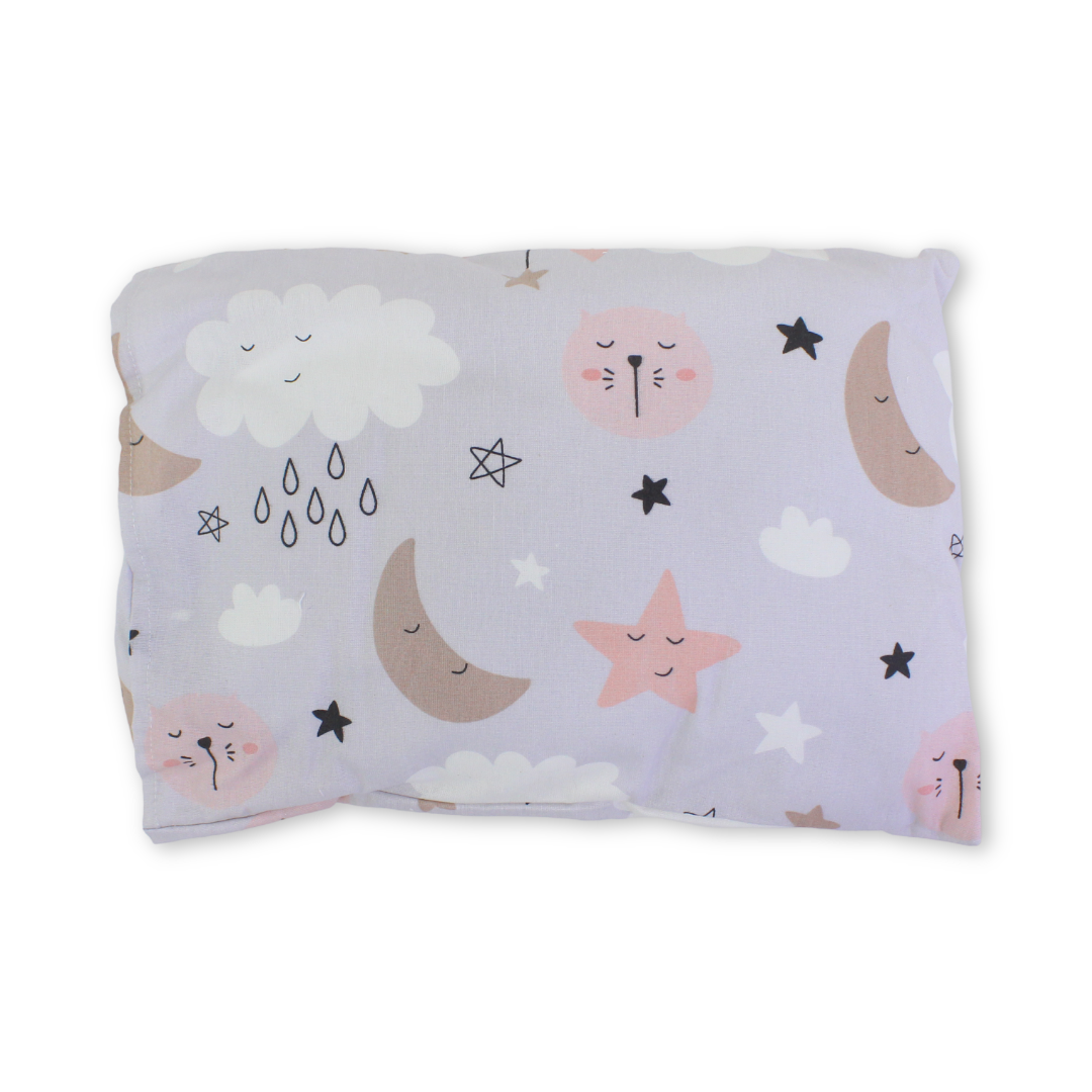 Cotton Pillow + Pillowcase – Grey with Crescent Moon and Stars ,Cloud Print