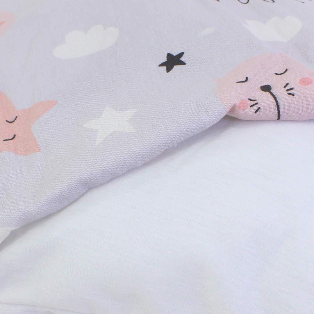 Cotton Pillow + Pillowcase – Grey with Crescent Moon and Stars ,Cloud Print