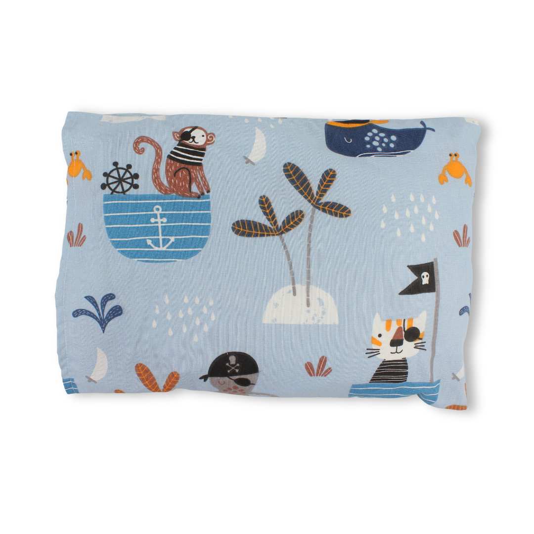 Baby Pillow with Pillowcase – Light Blue with Pirate Animal Print