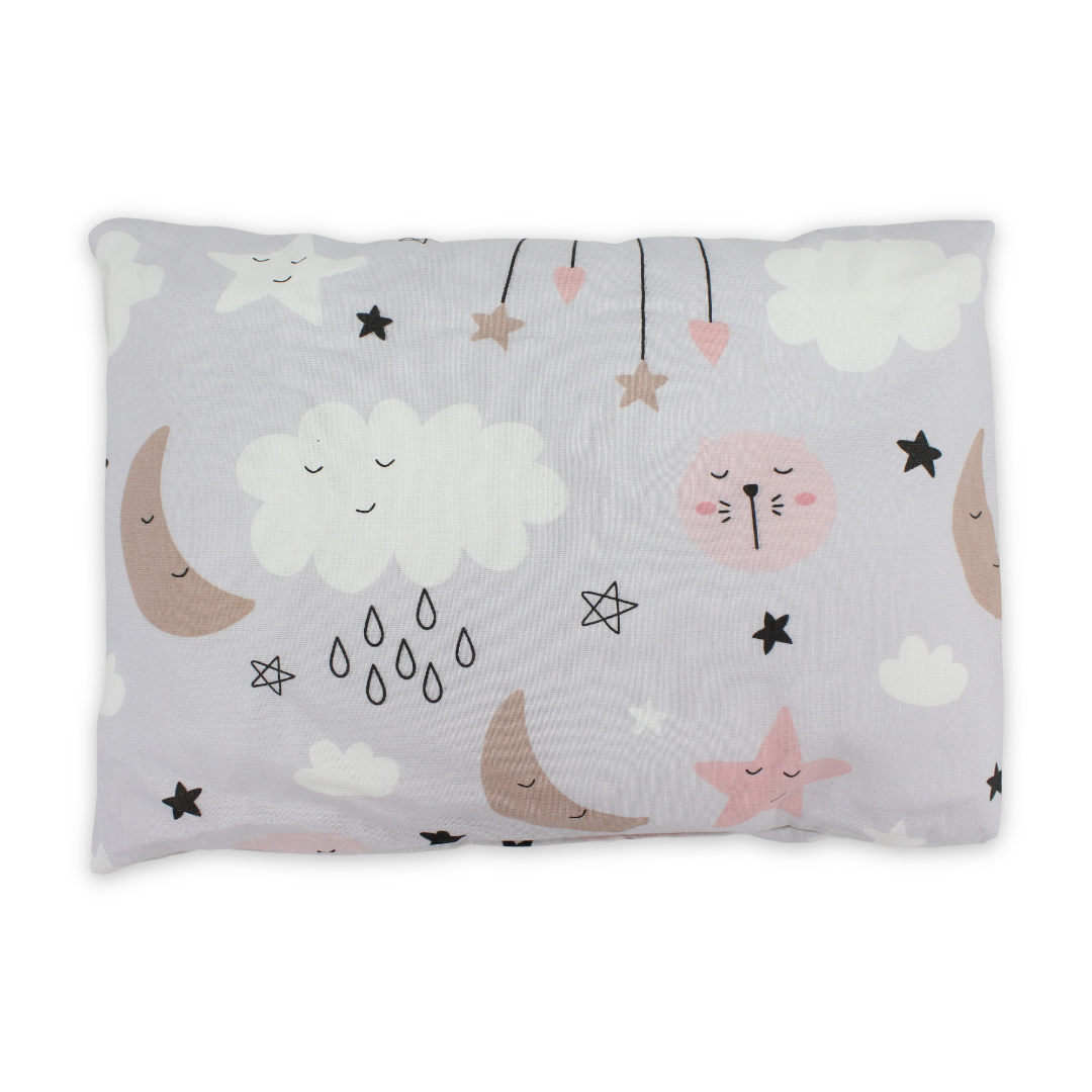 Cotton Baby Pillow – Grey with Clouds & Stars Print