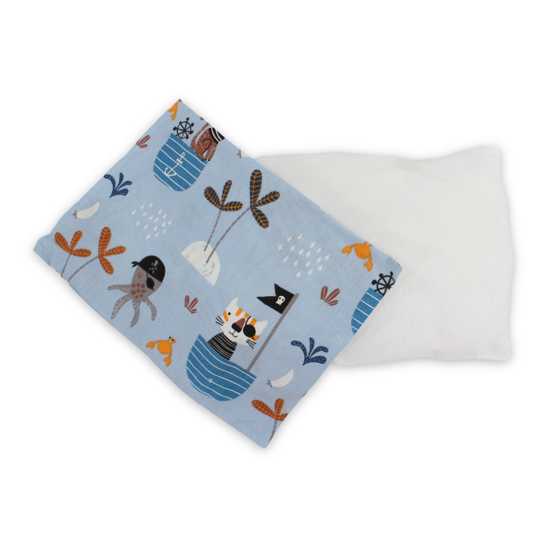 Cotton Baby Pillow – Baby Blue with Octopuses & Cats in Boats Print