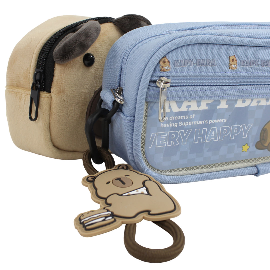 Capybara (Pencil Case + Plush Pouch) – Baby Blue & Beige
