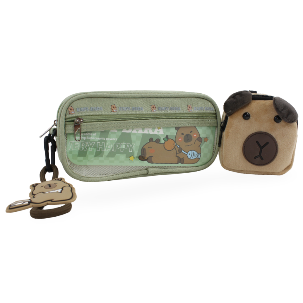 Capybara (Pencil Case + Plush Pouch) – Mint & Beige