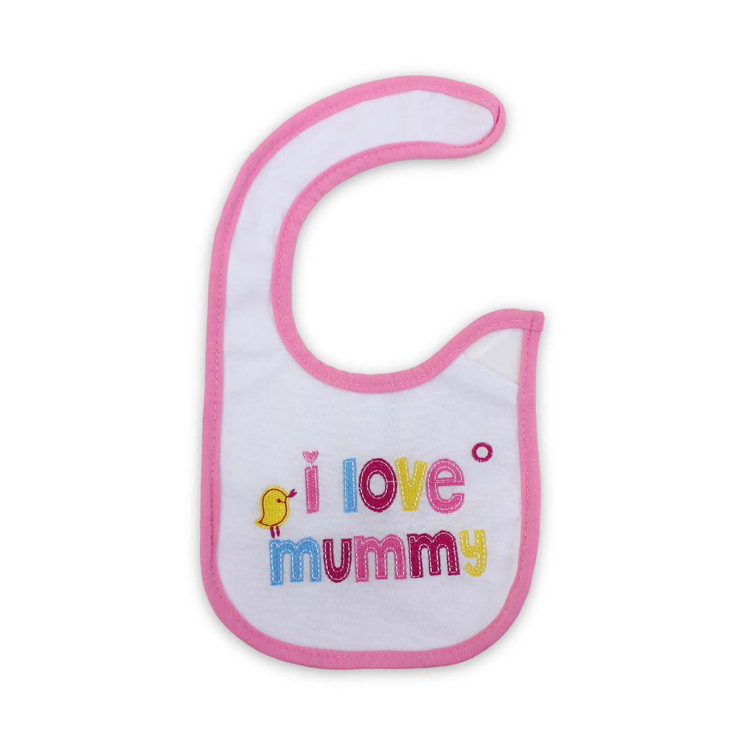 Cotton Baby Bib – Pink with "I Love Mummy" Embroidery