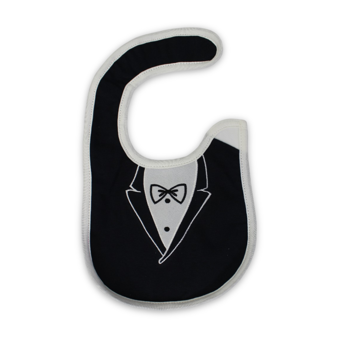 Cotton Baby Bib – Black with Tuxedo Design