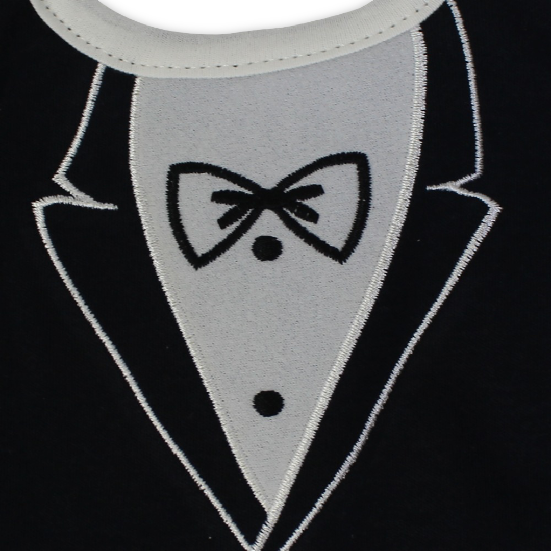 Cotton Baby Bib – Black with Tuxedo Design