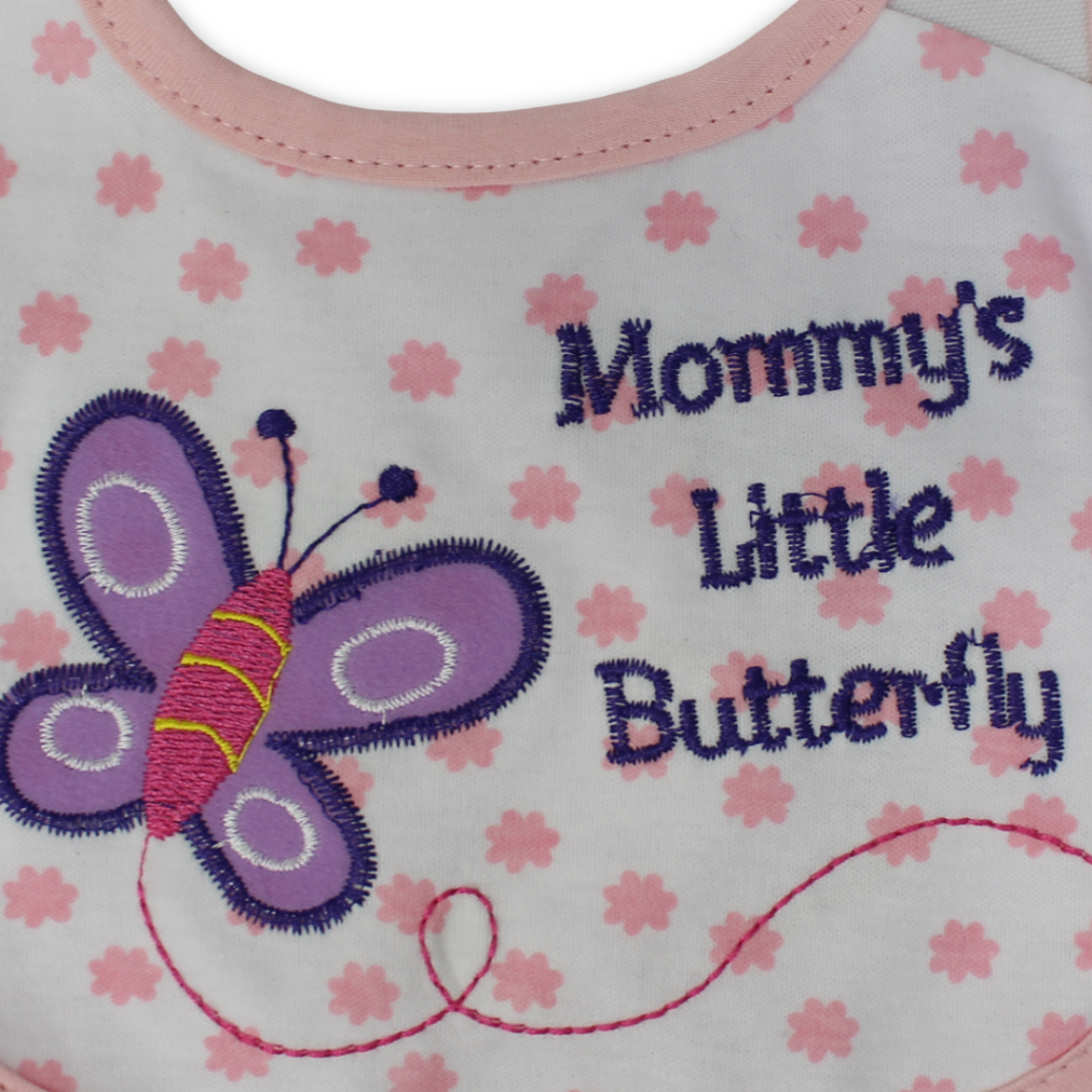 Cotton Baby Bib – White with "Mommy's Little Butterfly" Embroidery