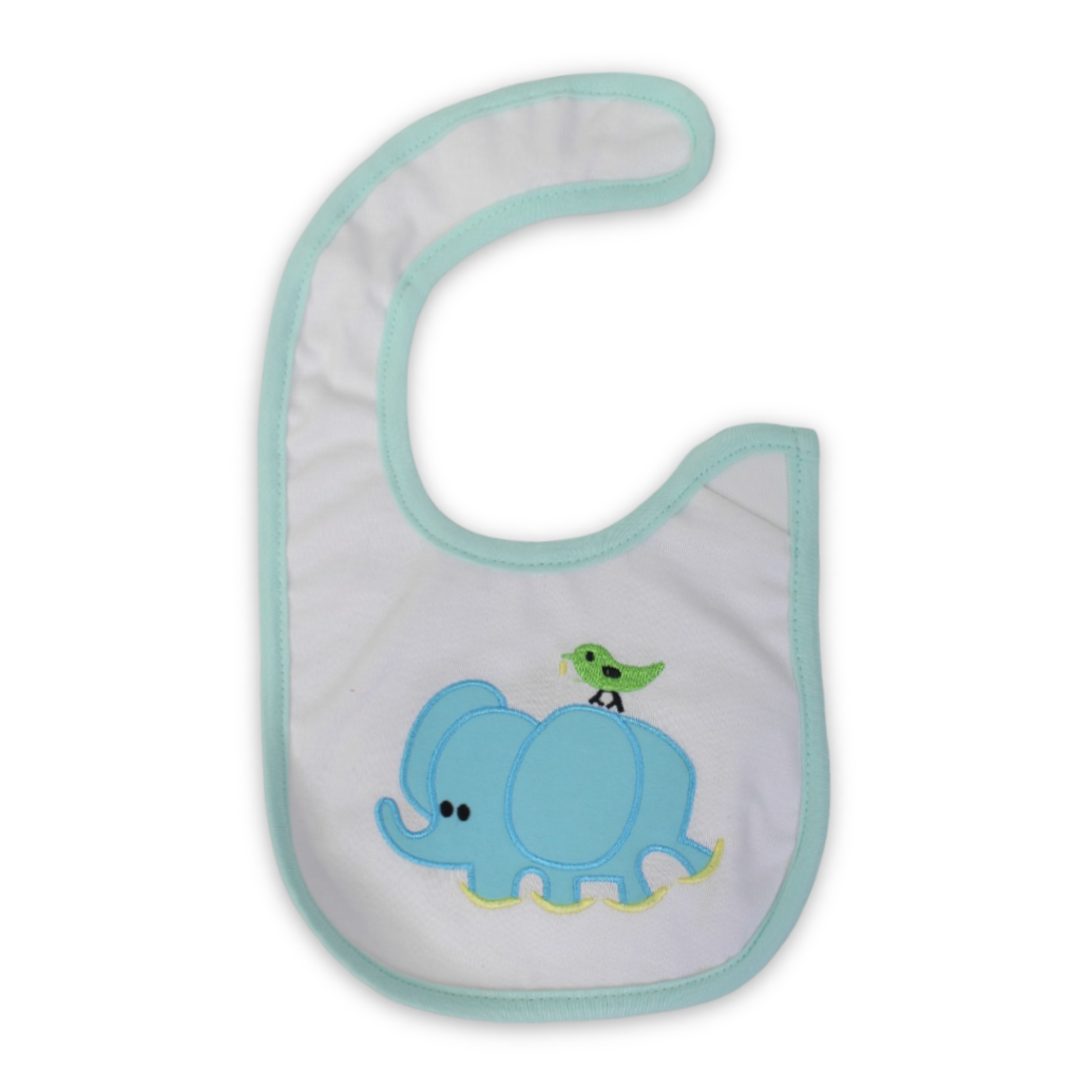 Cotton Baby Bib – White with Elephant Embroidery