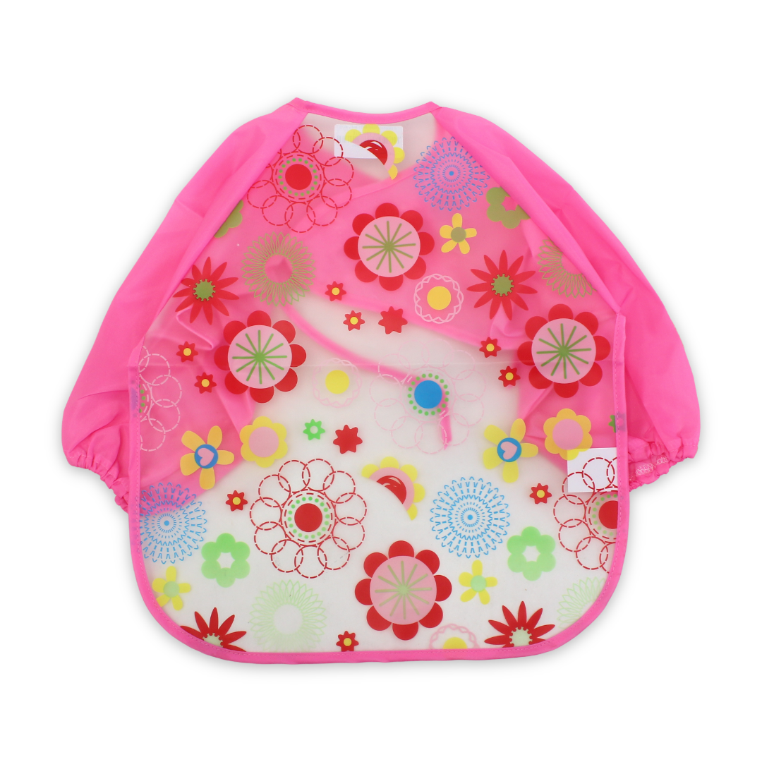 Silicone Long-Sleeved Baby Bib – Pink with Floral Design - Baby Essentials - Bella Bambino