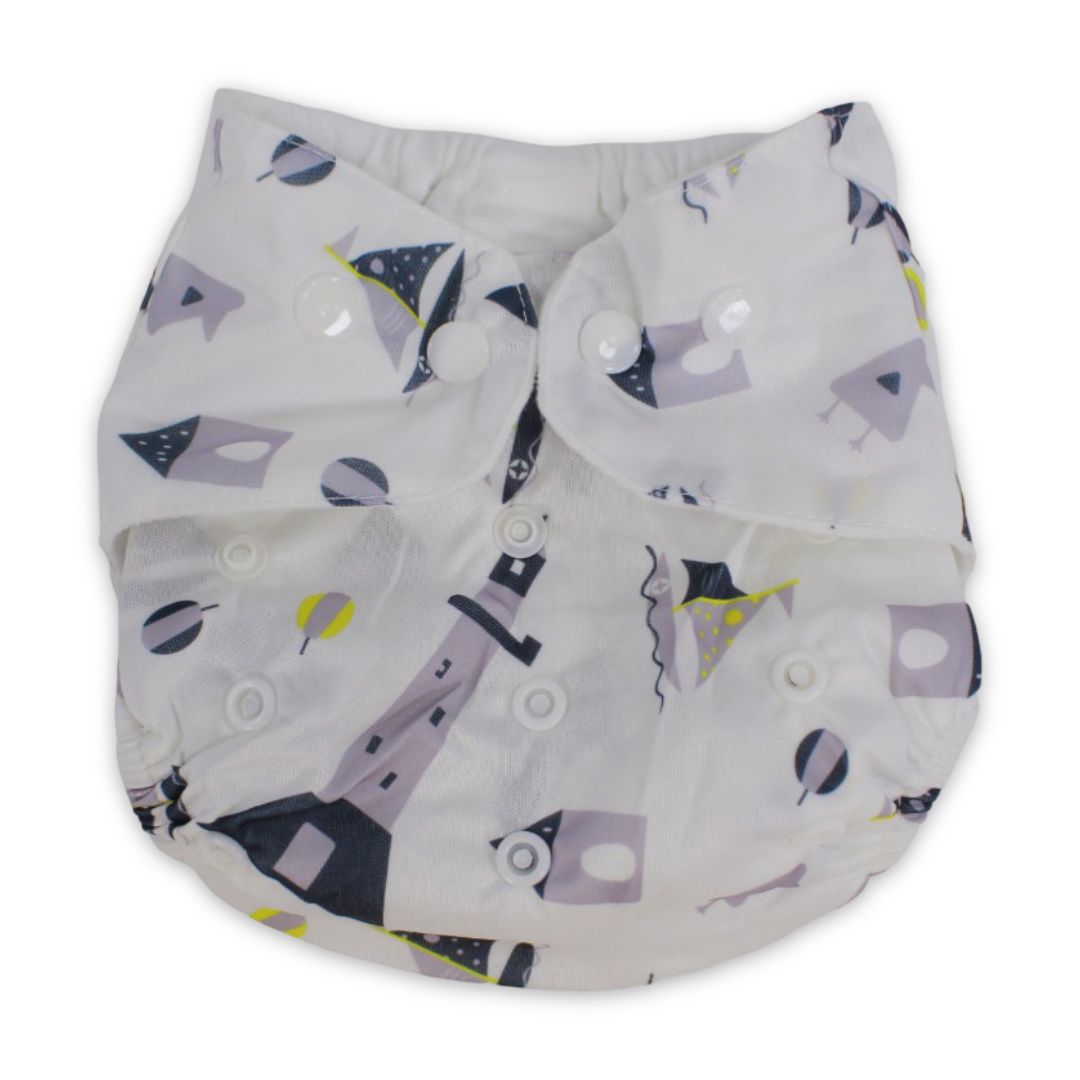 Unisex Baby Reusable Diaper – White with Boats Design