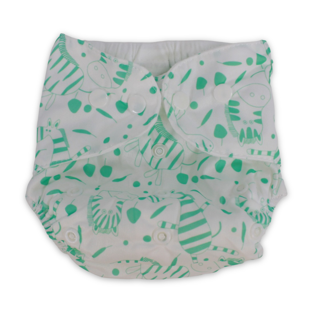 Unisex Baby Reusable Diaper – White with Green Zebra Design