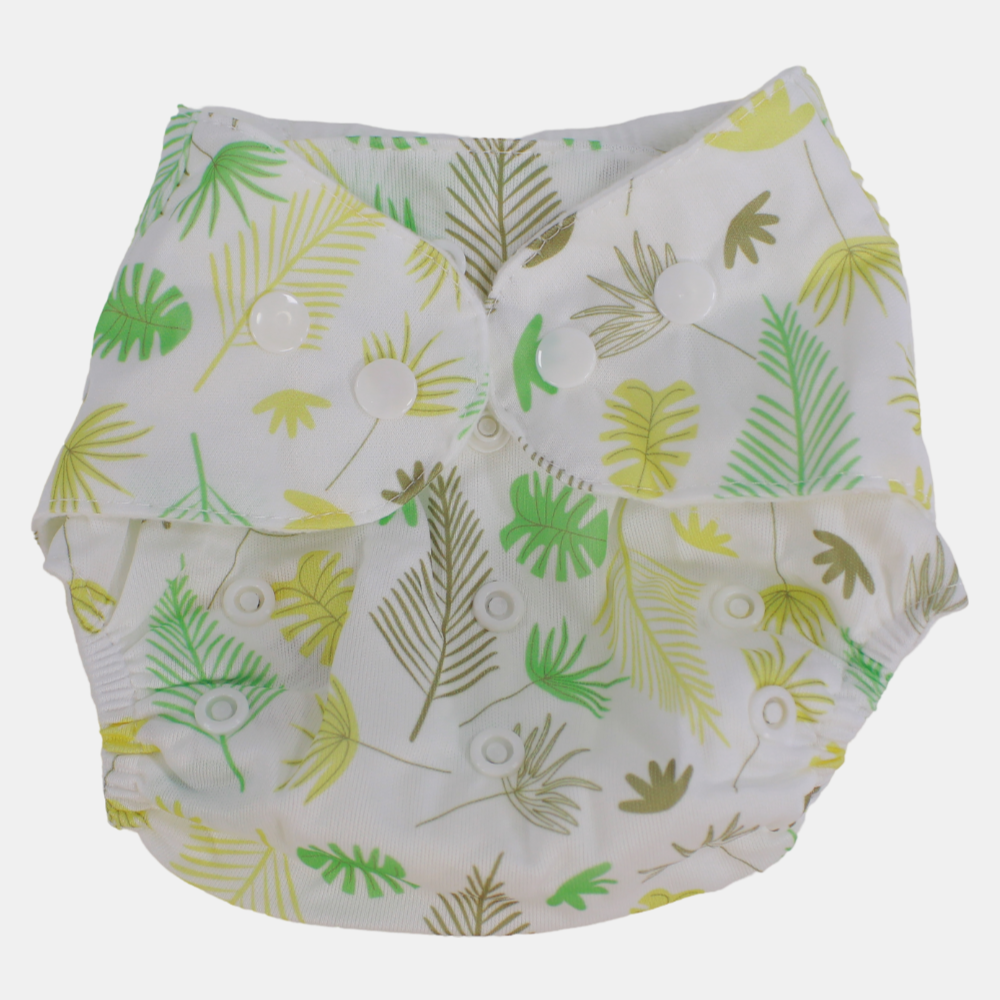 Unisex Baby Reusable Diaper – White with Leaves Design