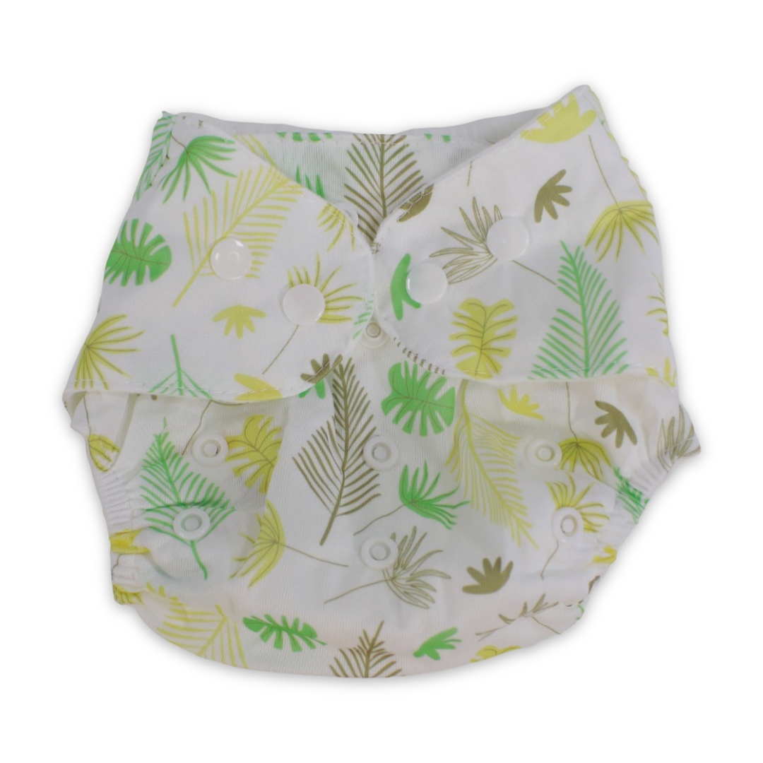 Unisex Baby Reusable Diaper – White with Leaves Design - Baby Essentials - Bella Bambino