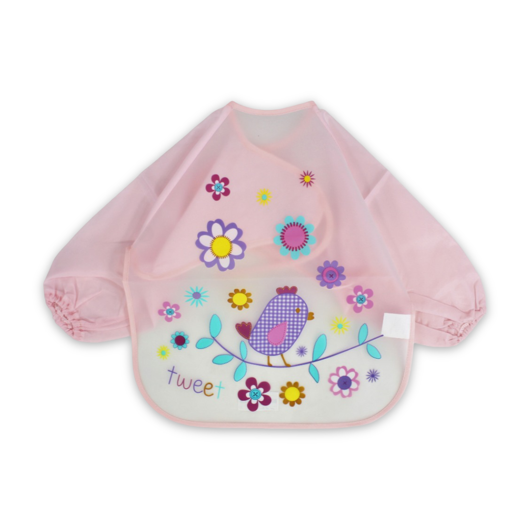 Baby Long-Sleeved Bib - Pink with Bird Design - Baby Essentials - Bella Bambino
