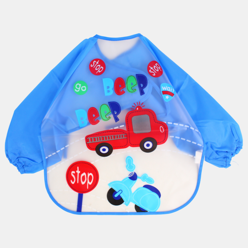 Baby Long-Sleeved Bib – Blue with Red Car “Beep” Design