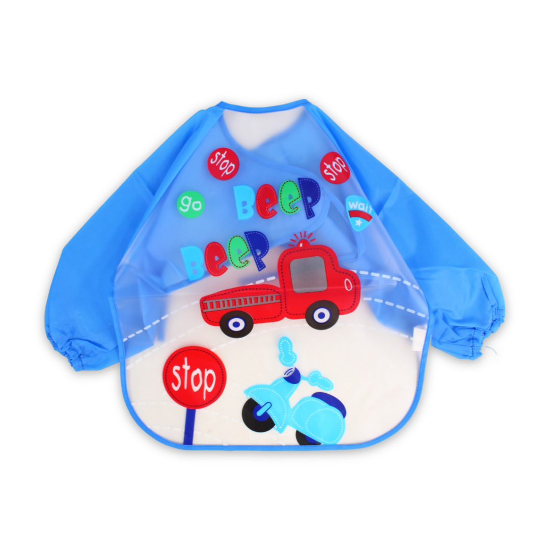 Baby Long-Sleeved Bib – Blue with Red Car “Beep” Design - Baby Essentials - Bella Bambino