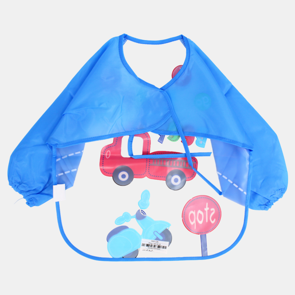 Baby Long-Sleeved Bib – Blue with Red Car “Beep” Design