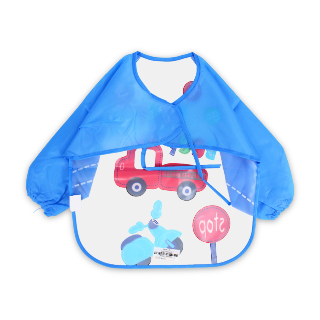 Baby Long-Sleeved Bib – Blue with Red Car “Beep” Design