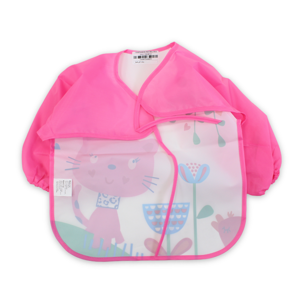 Silicone Long-Sleeved Baby Bib – Pink with Cat Design