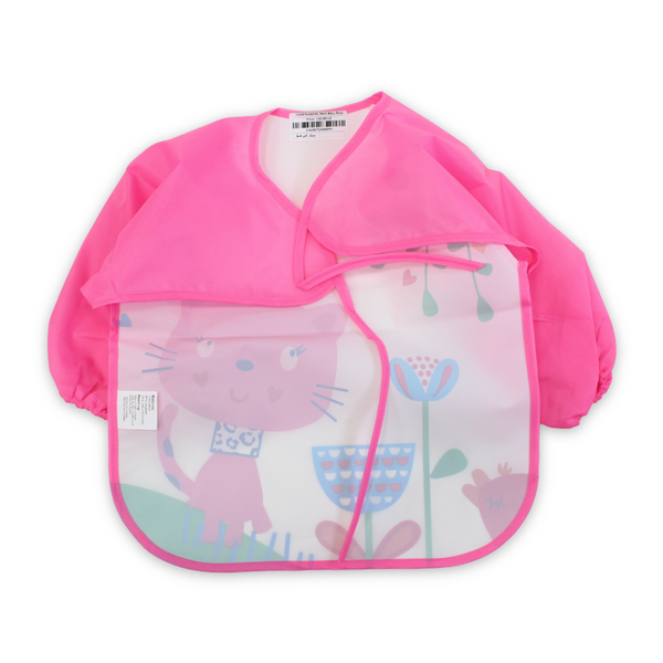 Silicone Long-Sleeved Baby Bib – Pink with Cat Design