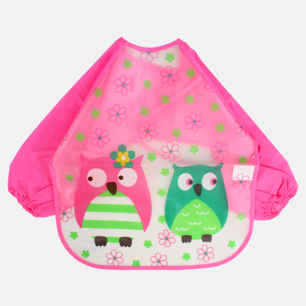 Baby Long-Sleeved Bib – Pink with Owl Design
