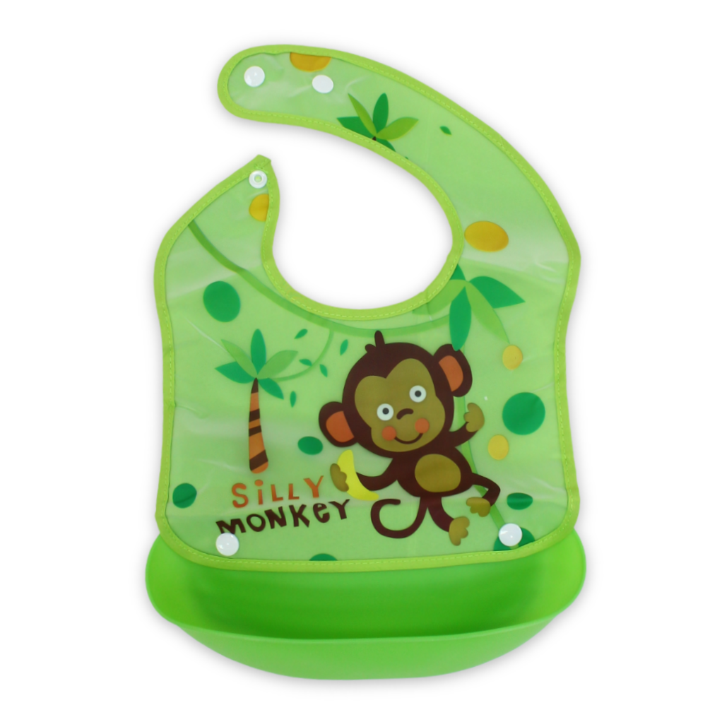 Silicone Baby Bib with Food-Catching Pocket – Green with Monkey Print