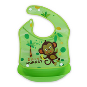 Silicone Baby Bib with Food-Catching Pocket – Green with Monkey Print