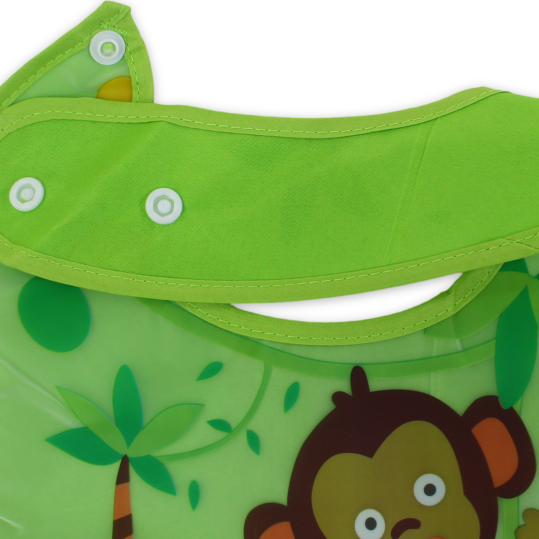 Silicone Baby Bib with Food-Catching Pocket – Green with Monkey Print