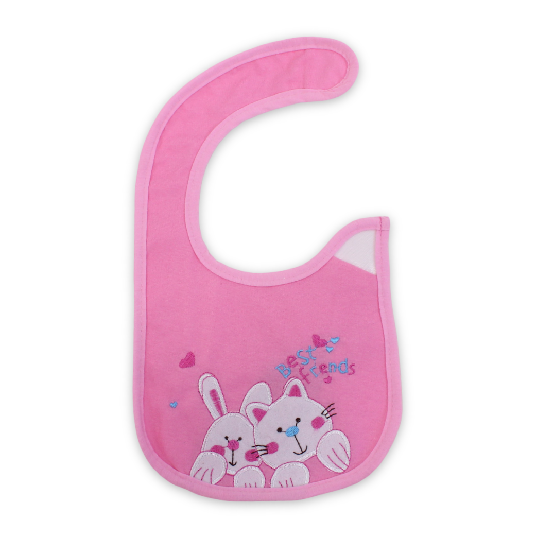 Cotton Baby Bib – Pink with Bunny & Cat Embroidered