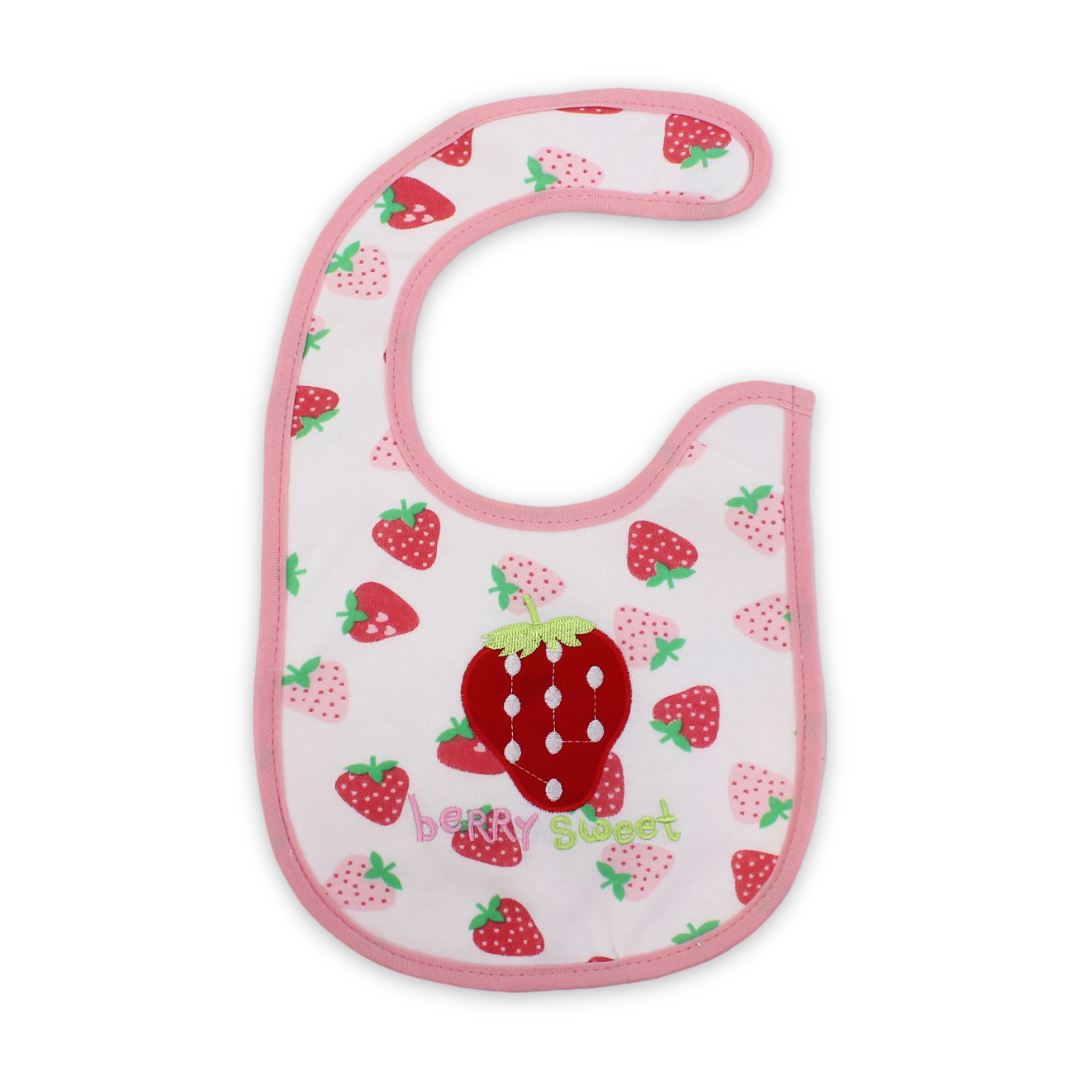 Cotton Baby Bib – White with Strawberry Embroidered
