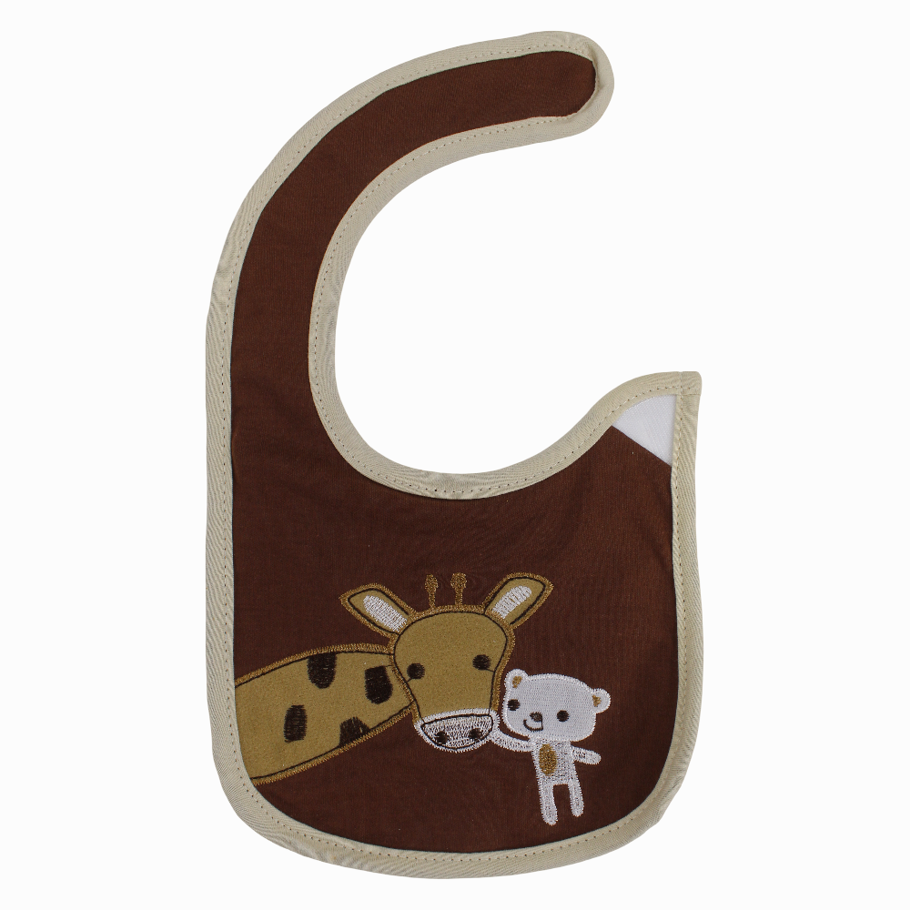 Unisex Baby Bib – Brown with Bear and Giraffe Design
