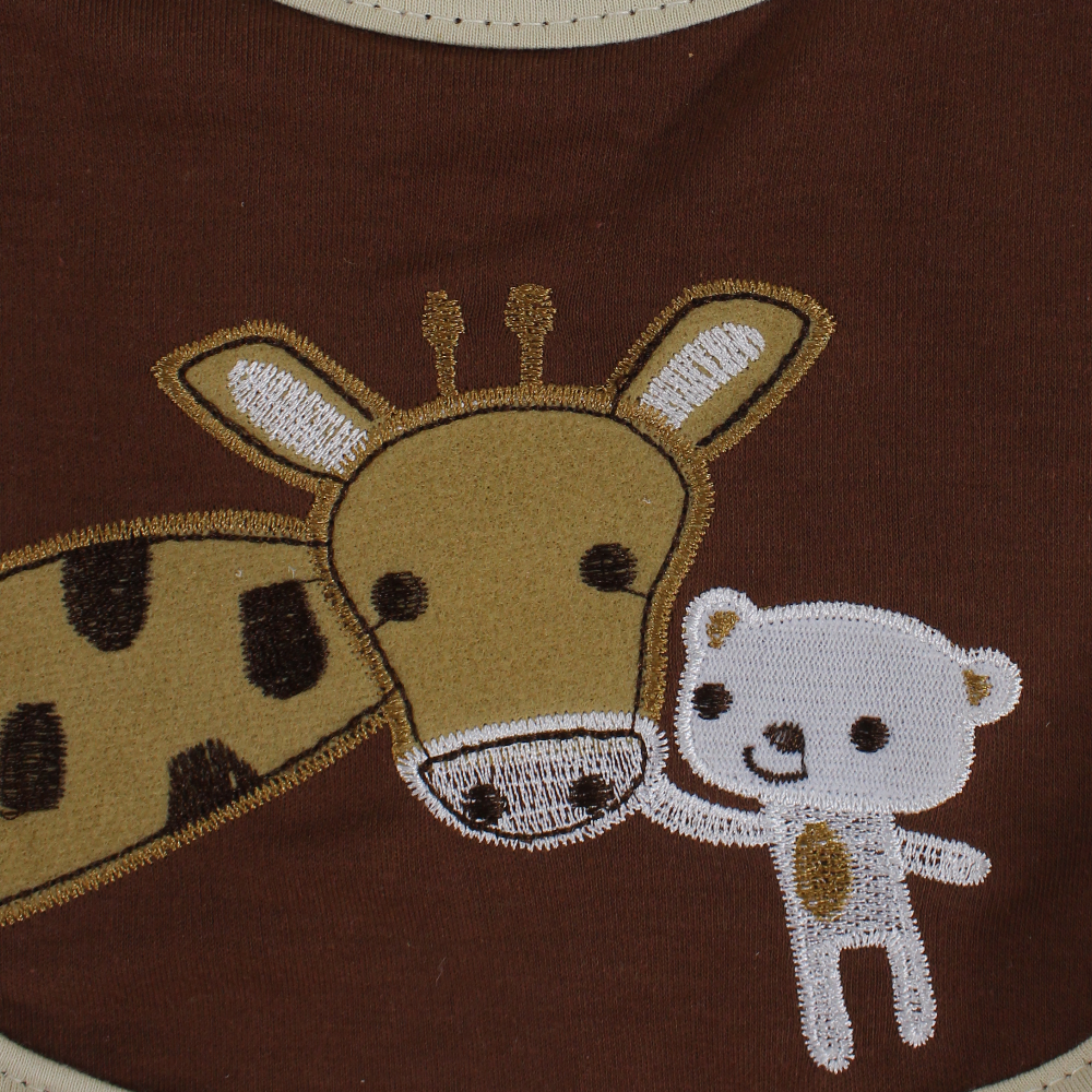 Unisex Baby Bib – Brown with Bear and Giraffe Design