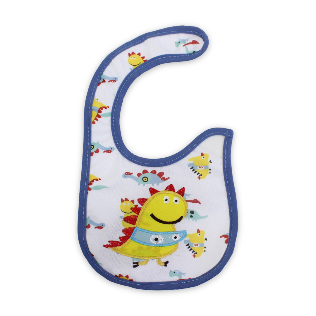 Cotton Baby Bib – White with Dino Embroidered