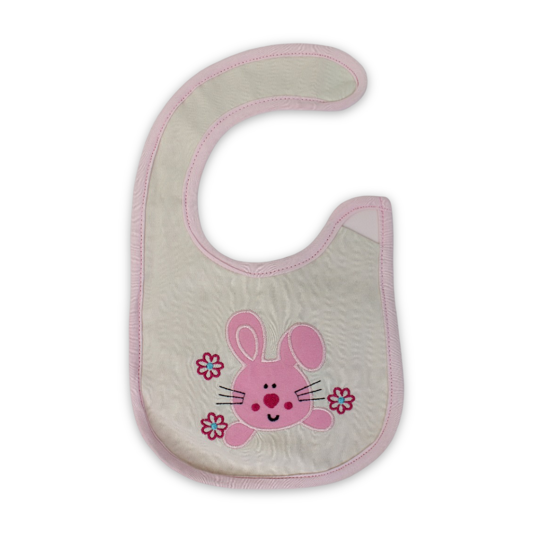 Cotton Baby Bib – Pink with Rabbit Embroidery