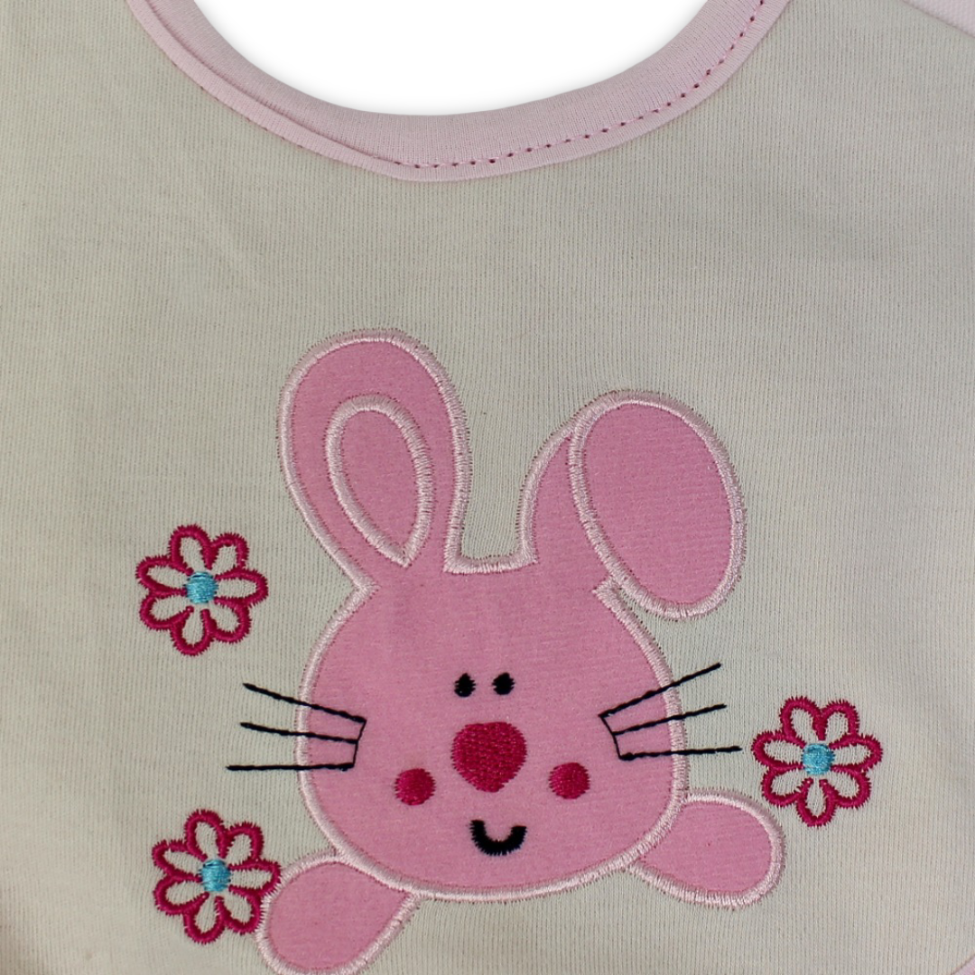 Cotton Baby Bib – Pink with Rabbit Embroidery