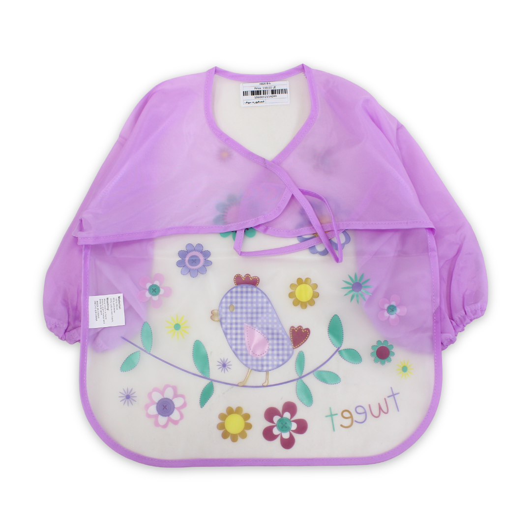 Silicone Long-Sleeved Baby Bib – Purple with Bird Print