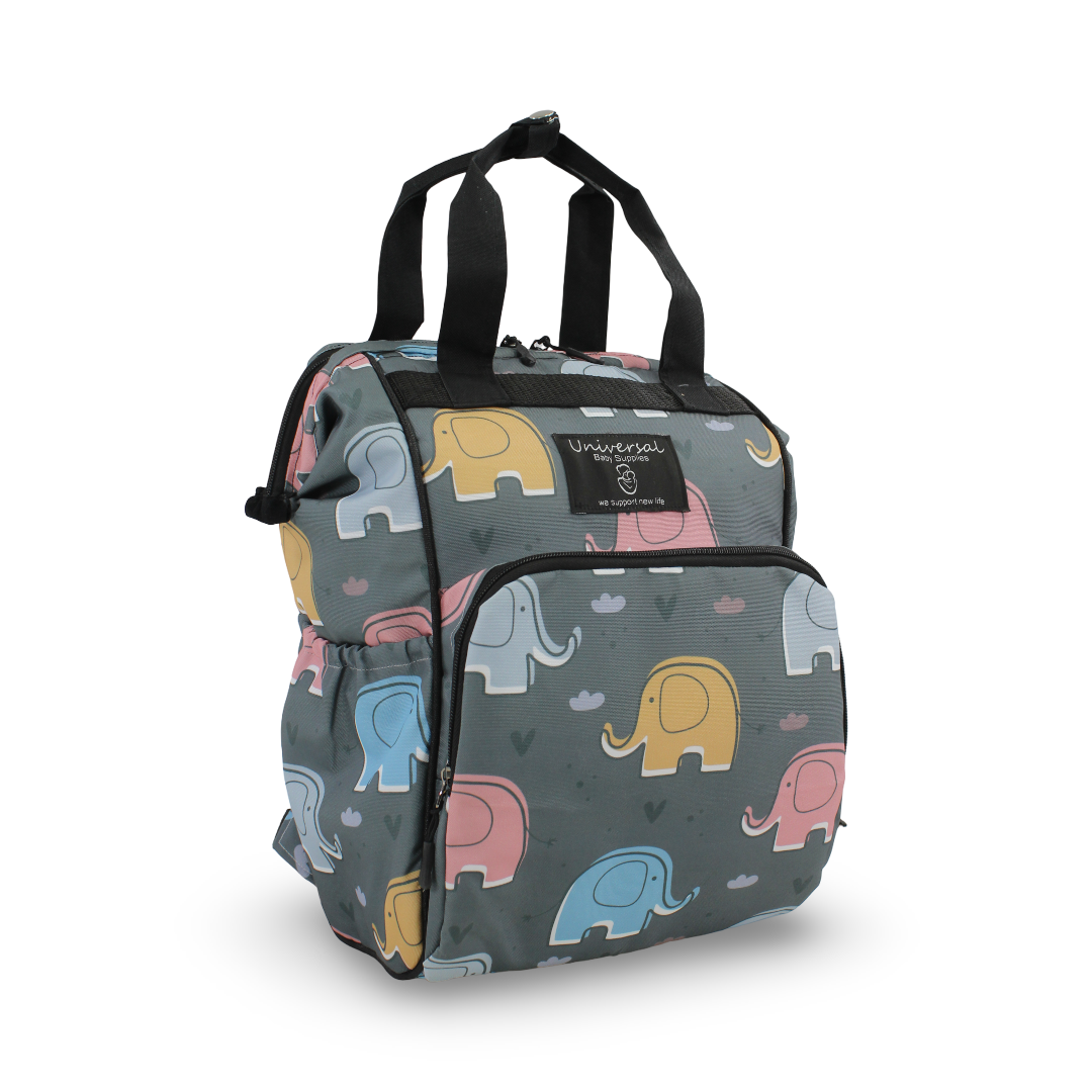 Uni Baby Back Bag – Grey with Elephants Print