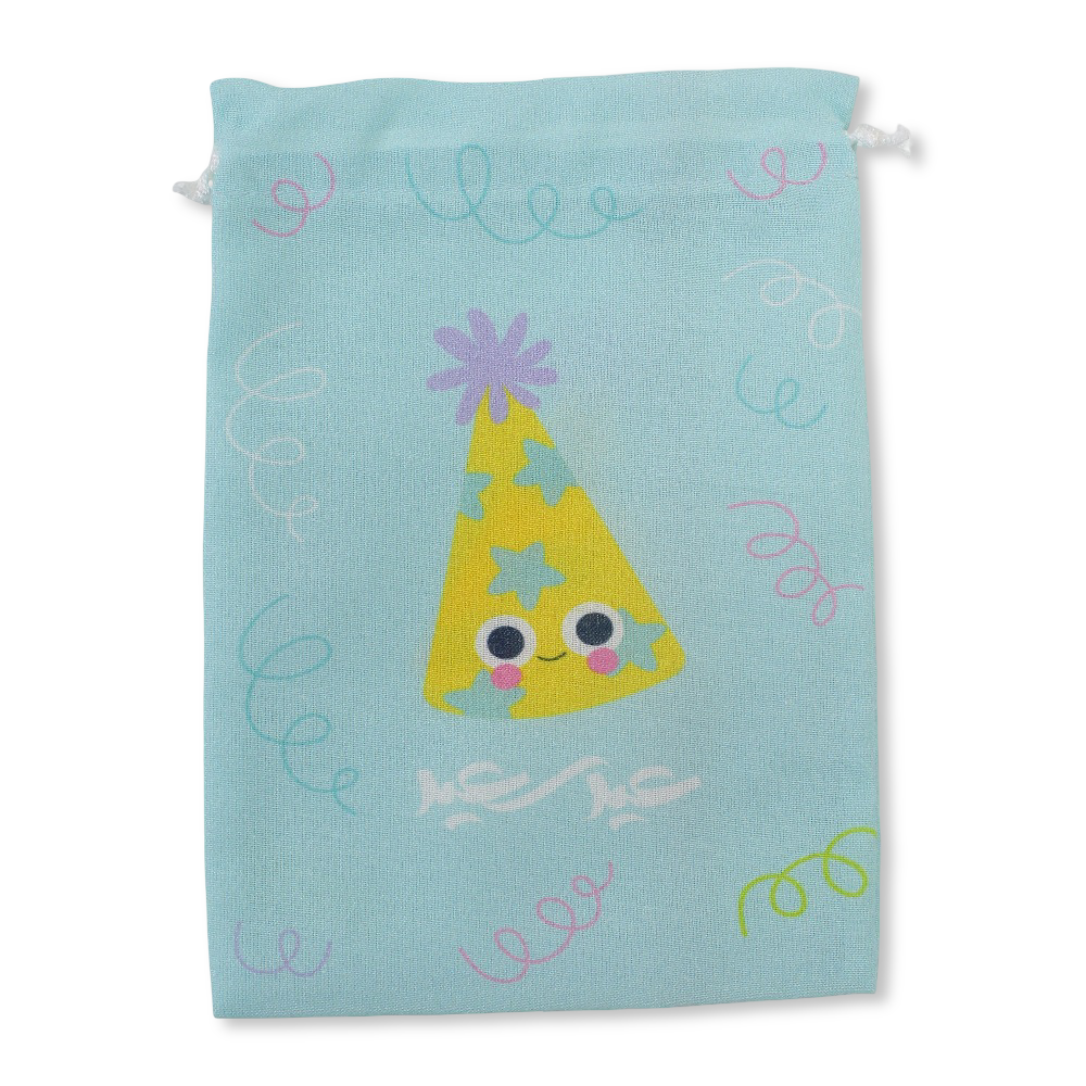 Drawstring Gift Bag “Happy Eid” - Aqua with Yellow Party Hat Print