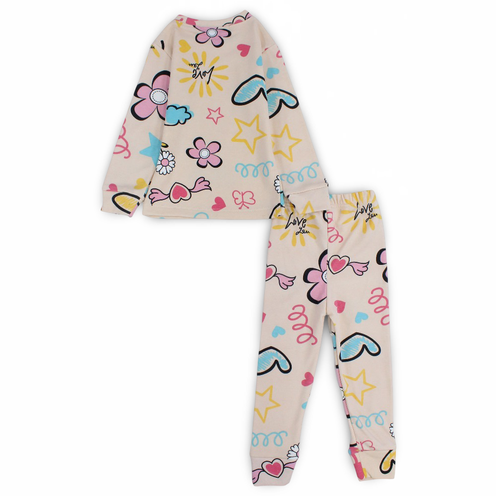 Girls Thermal Set – Beige with Hearts & Stars Design