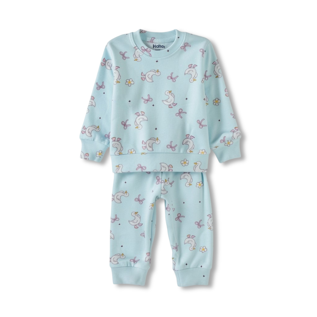 Baby Girls Velvet Pajama – Mint with Ducks Bows Print