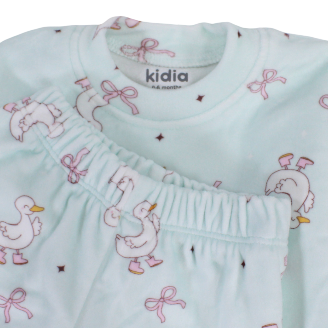 Baby Girls Velvet Pajama – Mint with Ducks Bows Print