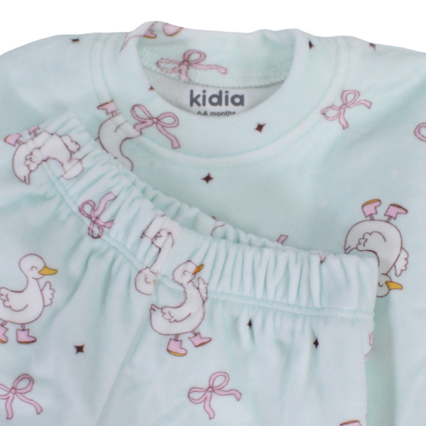 Baby Girls Velvet Pajama – Mint with Ducks Bows Print