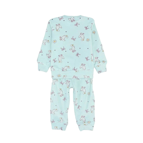 Baby Girls Velvet Pajama – Mint with Ducks Bows Print