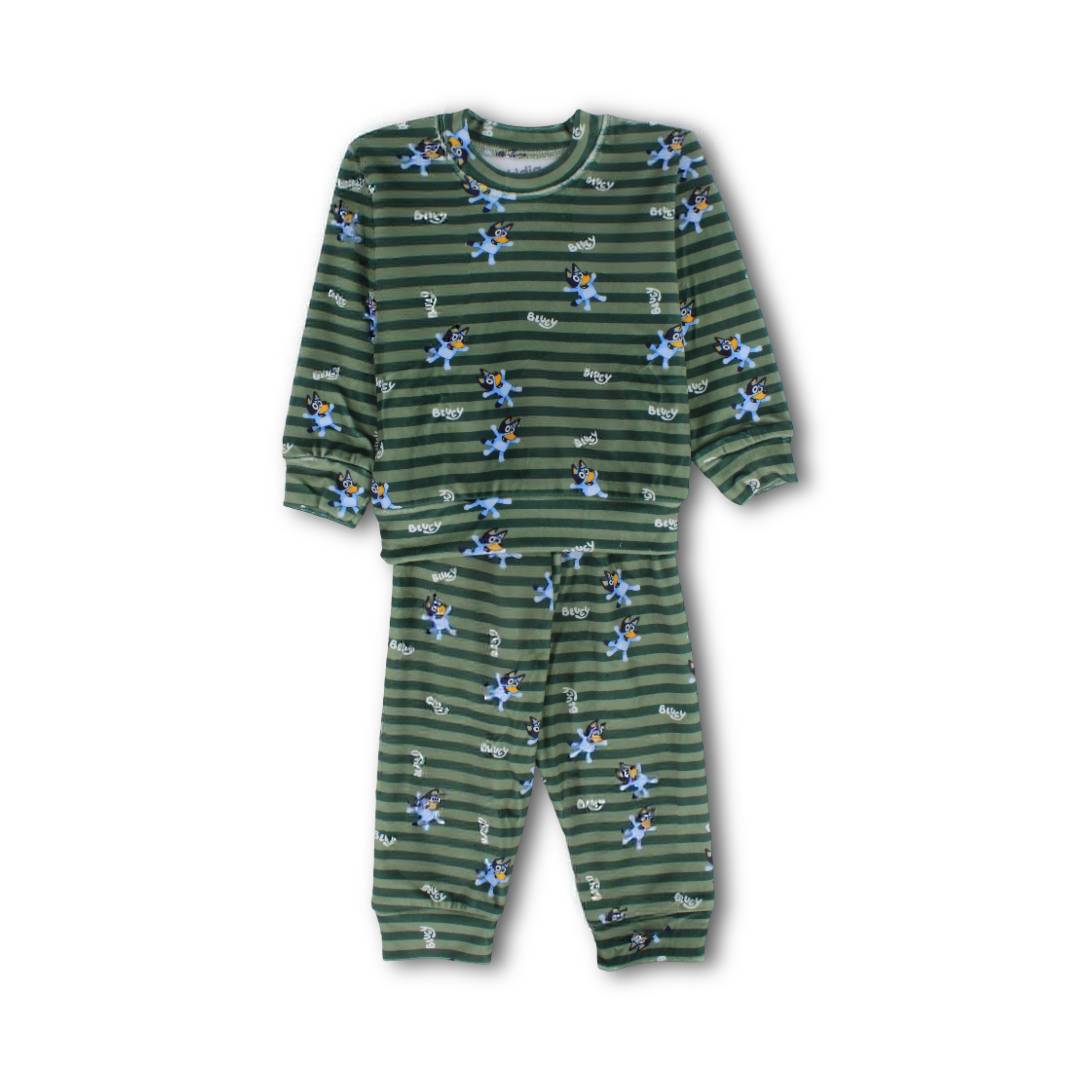Baby Boys Velvet Pajama – Olive with Bluey Print