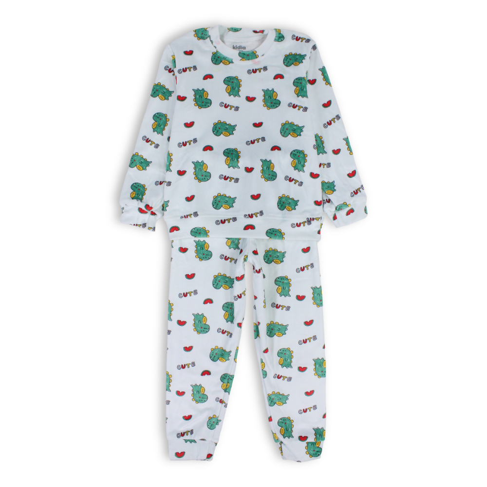 Baby Boys Velvet Pajama – White with Dino Print