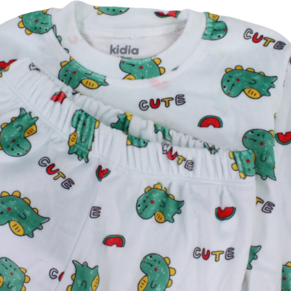 Baby Boys Velvet Pajama – White with Dino Print
