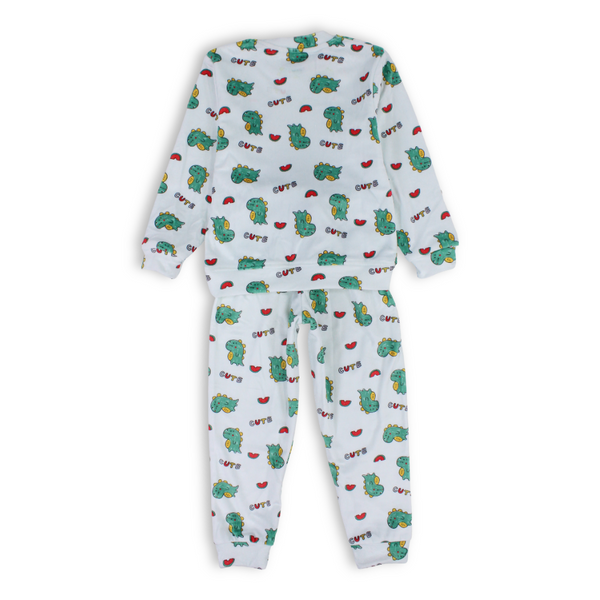 Baby Boys Velvet Pajama – White with Dino Print